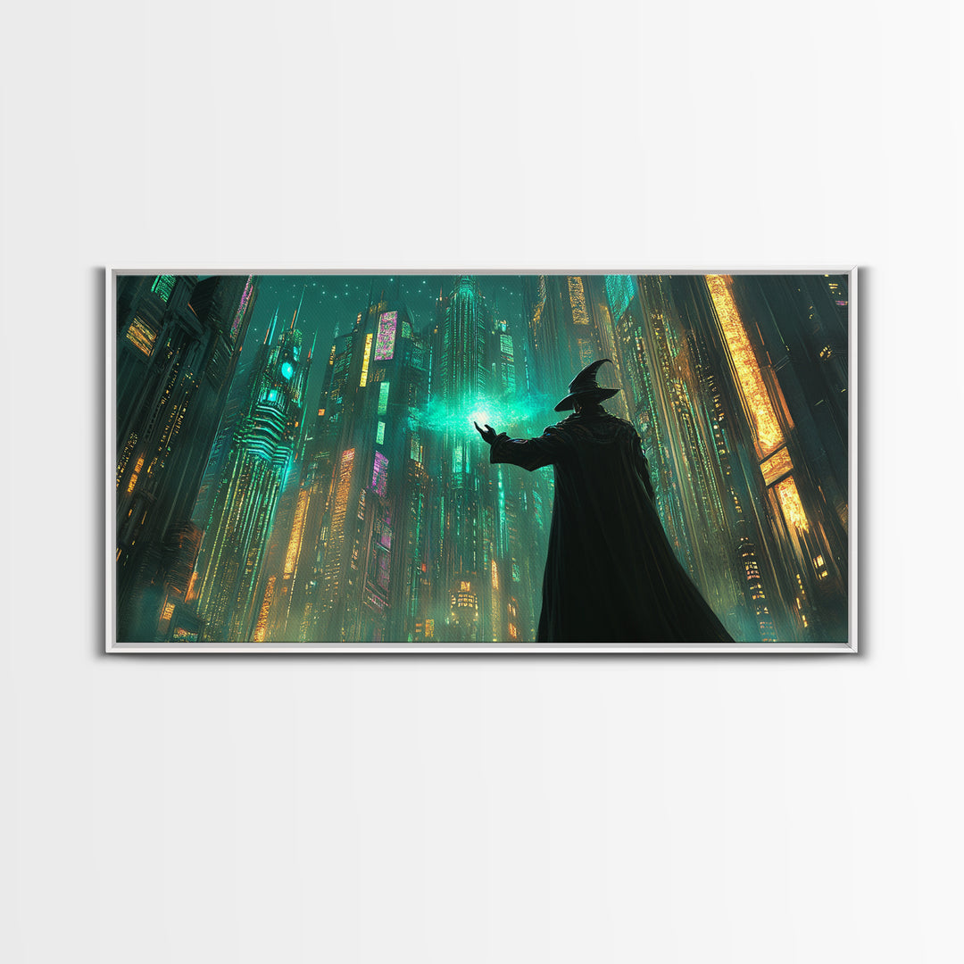Wizard Casting Green Light In Futuristic Neon City Framed Canvas Print, Cyberpunk Wall Art For Sci Fi Office Decor And Gaming Room