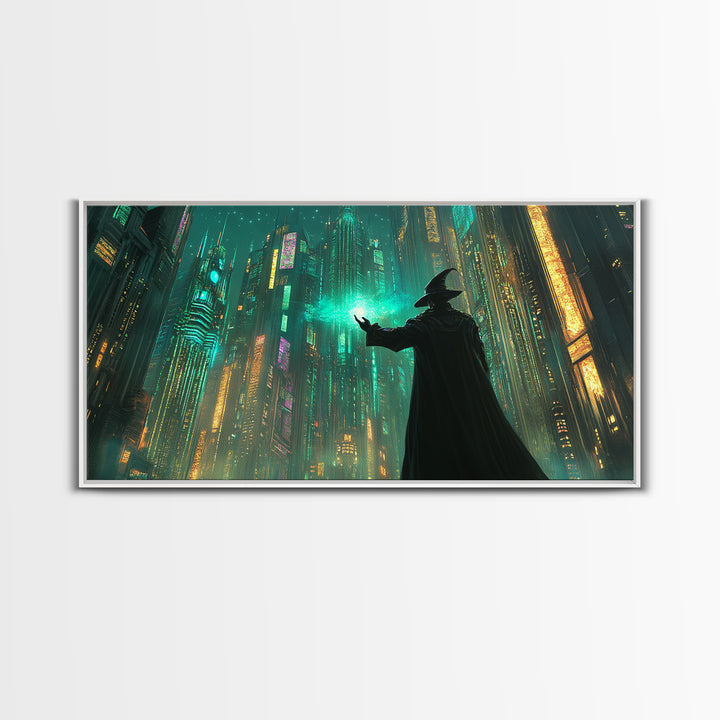 Wizard Casting Green Light In Futuristic Neon City Framed Canvas Print, Cyberpunk Wall Art For Sci Fi Office Decor And Gaming Room