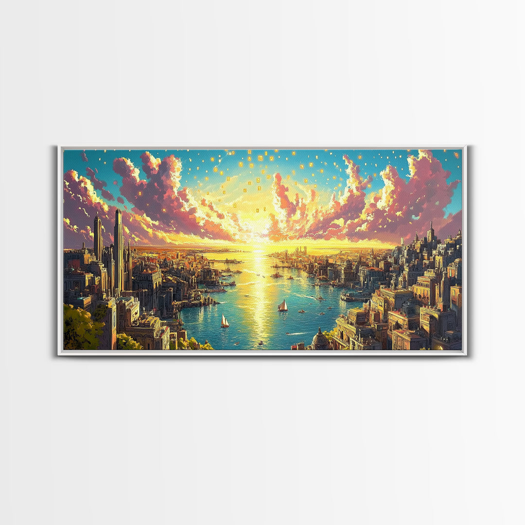 Panoramic Golden Harbor City At Sunrise Wall Art, Futuristic Coastal Canvas Print For Living Room Decor And Large Horizontal Art