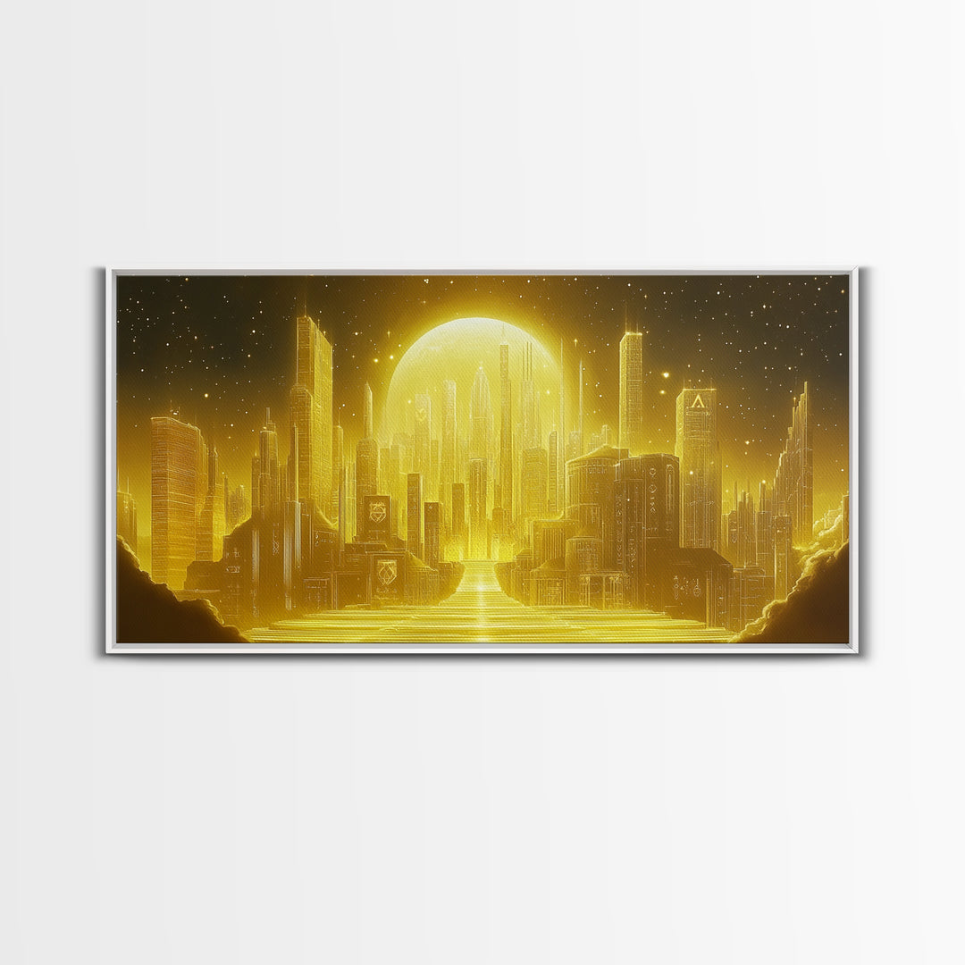 Golden Moon Over Futuristic Skyline And River Wall Art, Celestial City Canvas Print For Modern Office Decor And Sci Fi Home Decor