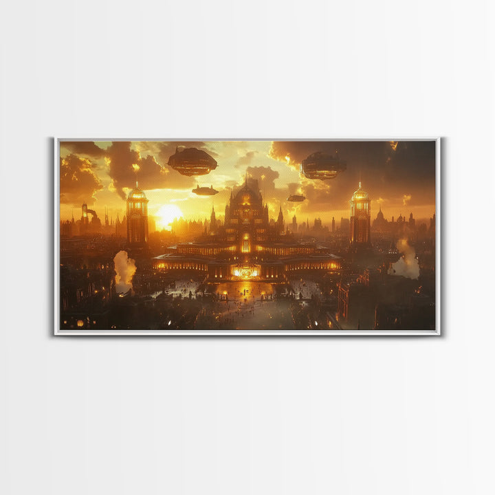 Golden Steampunk Palace Skyline Framed Canvas Print, Fantasy Wall Art, Futuristic Cityscape For Moody Office Decor And Living Room Decor
