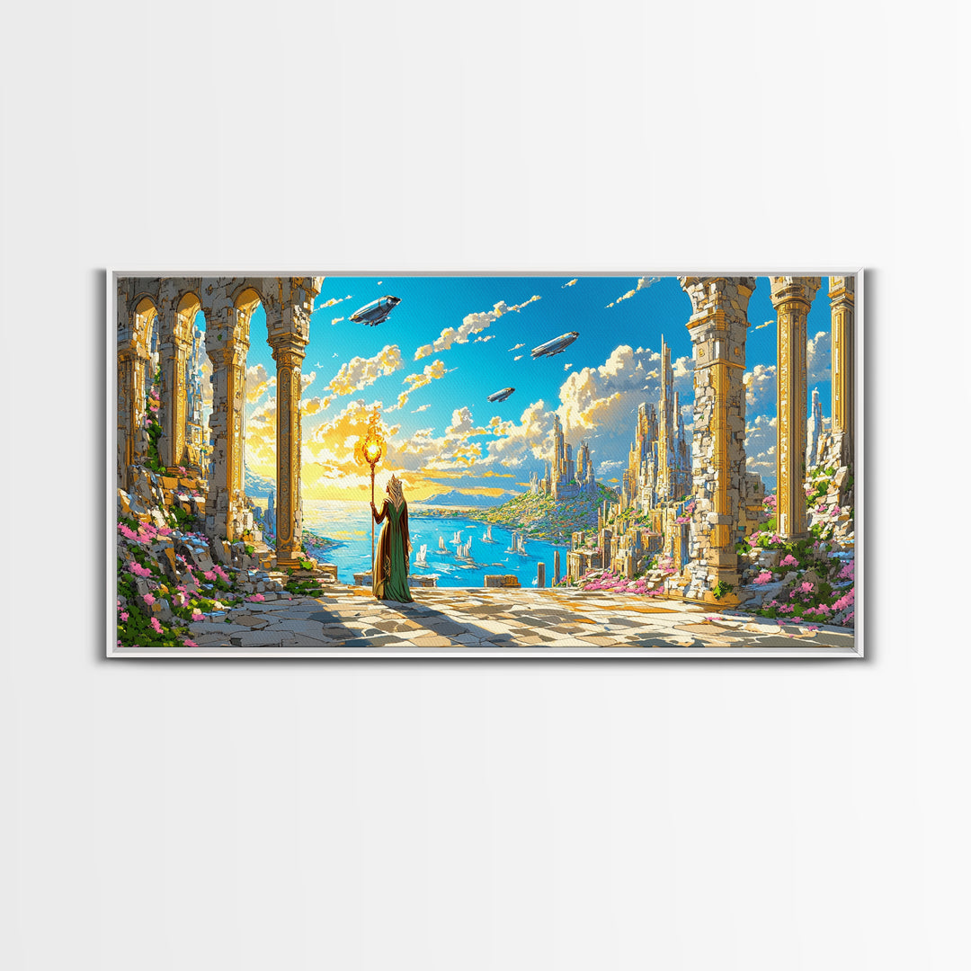 Ancient Ruins Over Ocean Canvas Print, Fantasy Wall Art, Coastal Sky Kingdom Landscape, Whimsical Living Room Decor And Office Art
