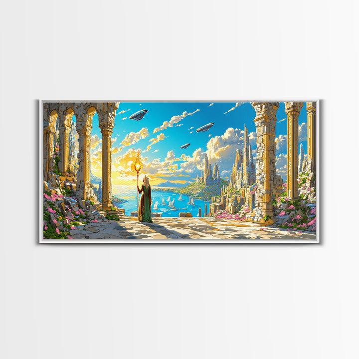Ancient Ruins Over Ocean Canvas Print, Fantasy Wall Art, Coastal Sky Kingdom Landscape, Whimsical Living Room Decor And Office Art