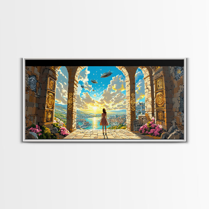 Girl At Golden Archway Canvas Print, Fantasy Wall Art, Magical City View, Whimsical Bedroom Decor And Nursery Wall Art Print