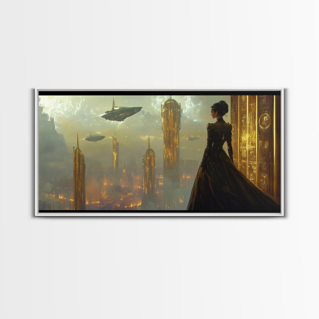 Elegant Woman Over Golden City Framed Canvas Print, Fantasy Wall Art, Futuristic Skyline Decor, Dark Feminine Office Art