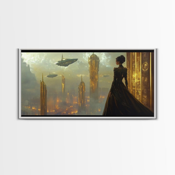 Elegant Woman Over Golden City Framed Canvas Print, Fantasy Wall Art, Futuristic Skyline Decor, Dark Feminine Office Art