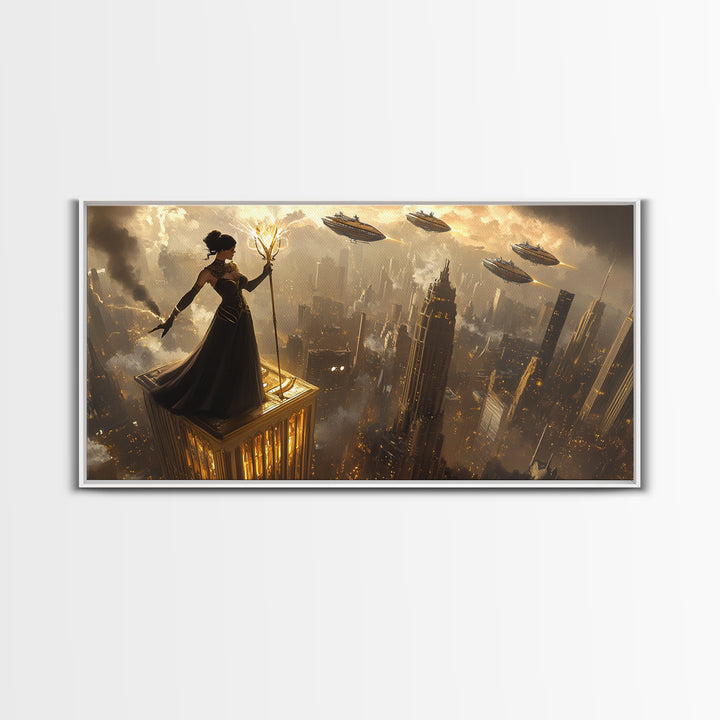 Dark Sorceress On Skyscraper Canvas Print, Fantasy Wall Art, Golden Dystopian City, Gothic Office Decor And Sci Fi Art For Him