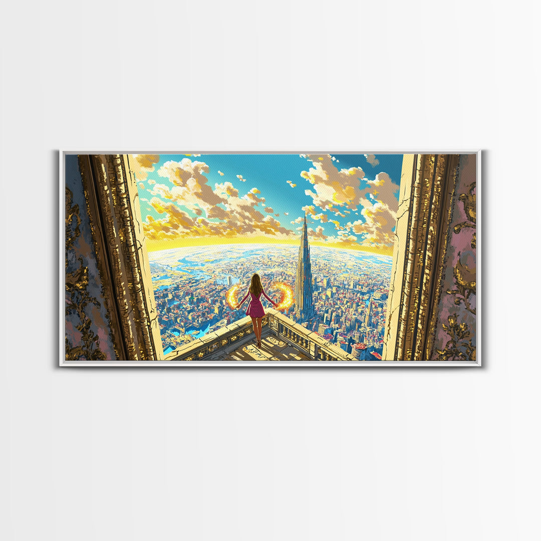 Girl With Fiery Wings Canvas Print, Fantasy Wall Art, Bright Futuristic Cityscape, Magical Bedroom Decor And Heroine Art