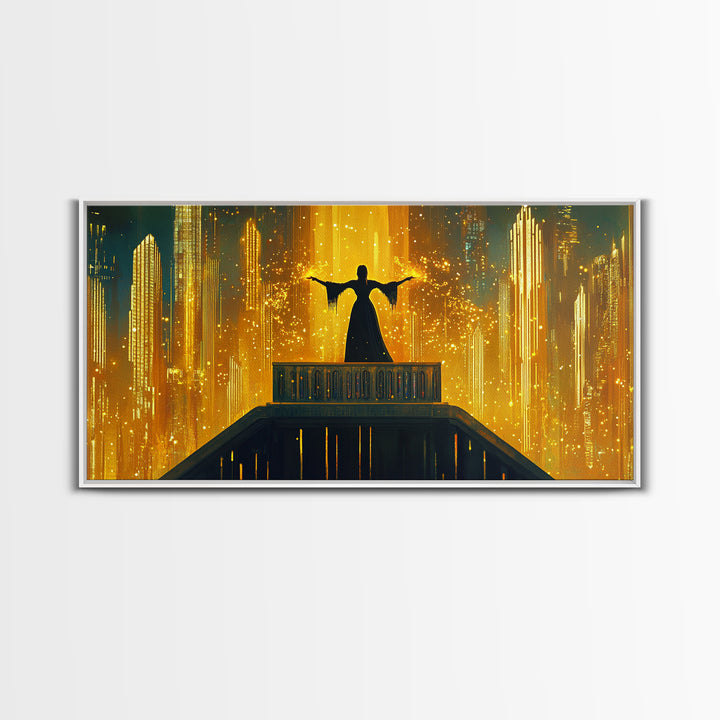Golden Futuristic City Silhouette Canvas Print, Sci Fi Wall Art, Cyberpunk Skyline Decor, Neon Fantasy Living Room Art Poster