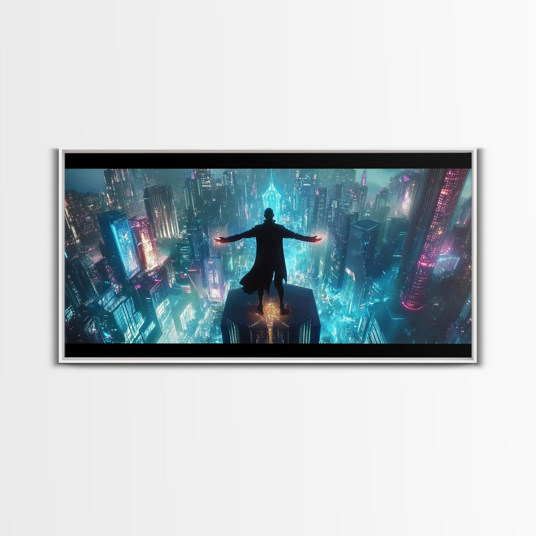 Neon Cyberpunk Skyline Framed Canvas Print, Futuristic City Wall Art, Sci Fi Gamer Room Decor And Dystopian Poster Prints