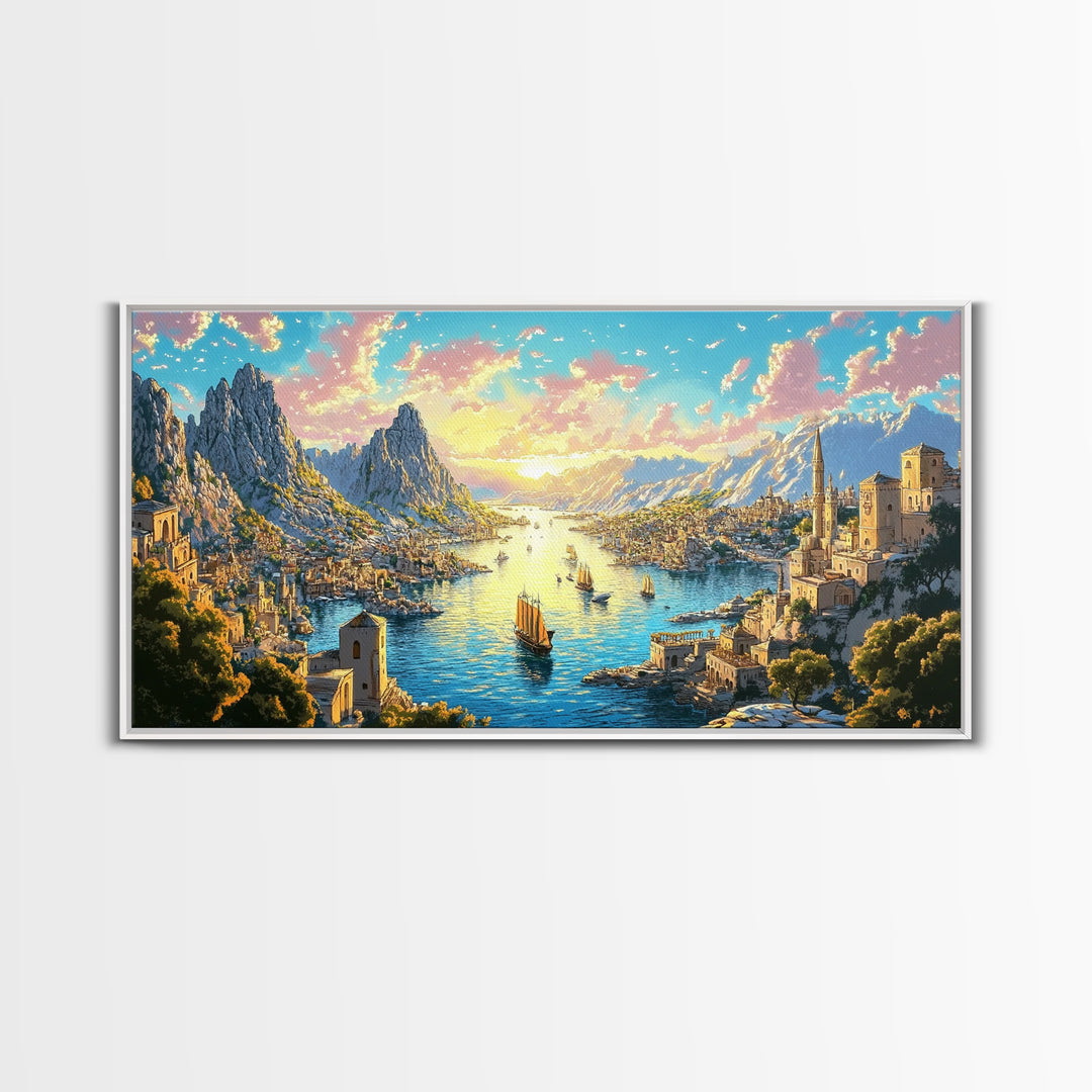 Mediterranean Mountain Harbor Canvas Print, Fantasy Seascape Wall Art, Coastal Village Decor For Living Room And Office Decor