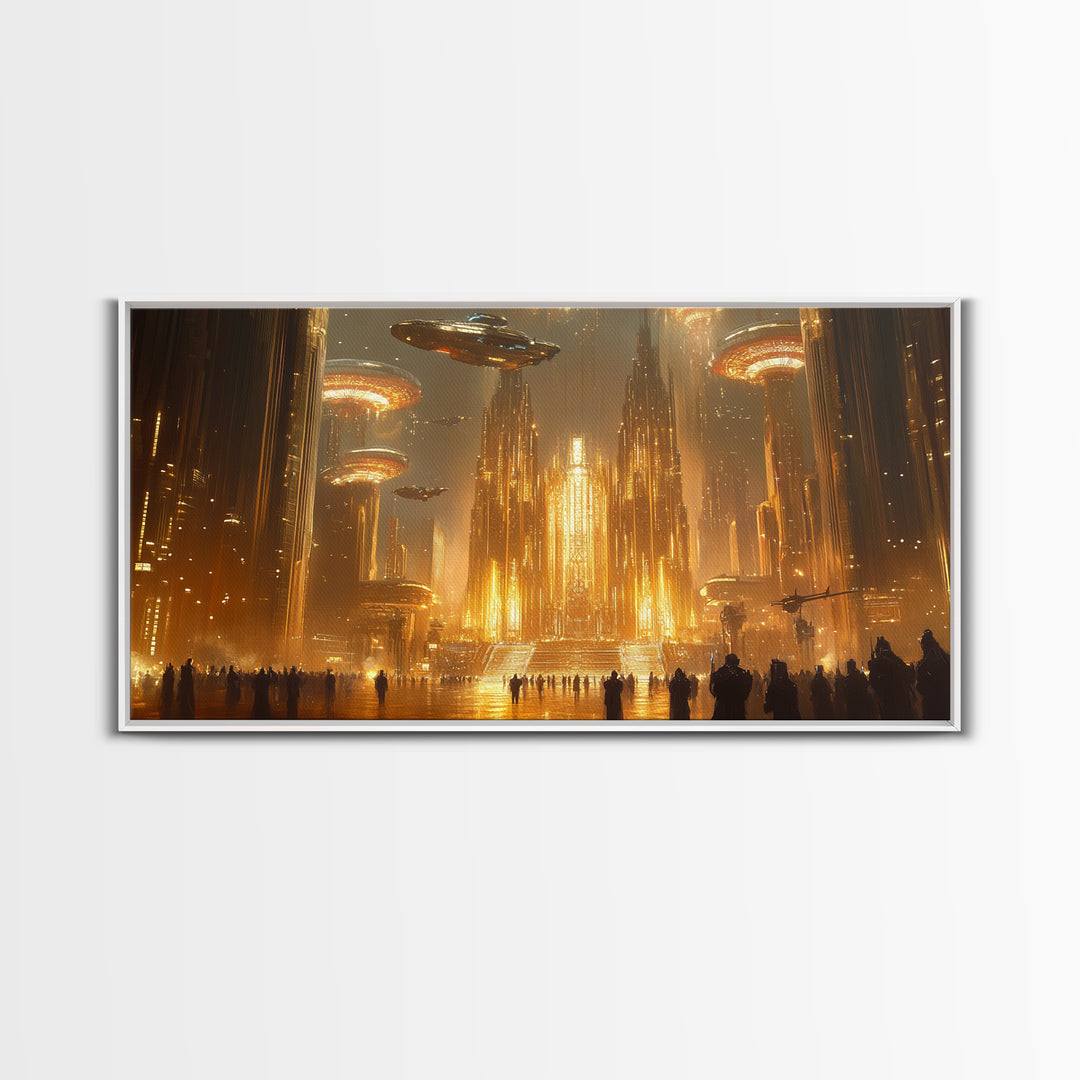 Golden Alien Metropolis Canvas Print, Sci Fi Futuristic City Wall Art, Ufo Fantasy Skyline Decor For Gamer Room And Office