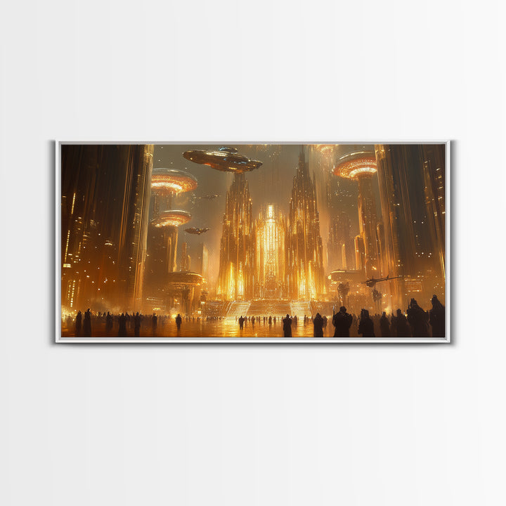Golden Alien Metropolis Canvas Print, Sci Fi Futuristic City Wall Art, Ufo Fantasy Skyline Decor For Gamer Room And Office