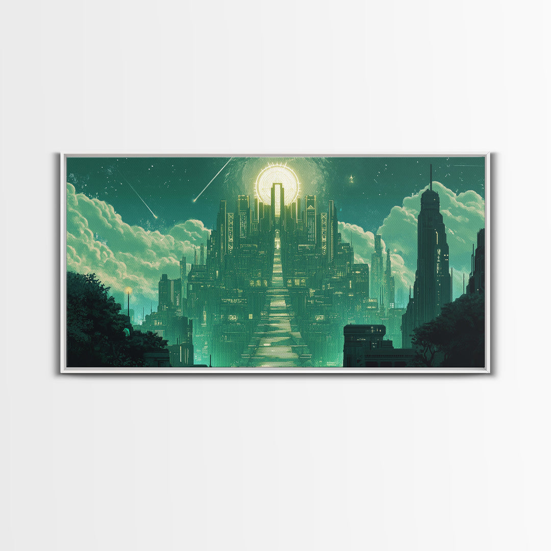 Emerald Celestial Temple Wall Art, Mystical Green City Canvas Print, Sci Fi Fantasy Decor For Meditation Room And Office