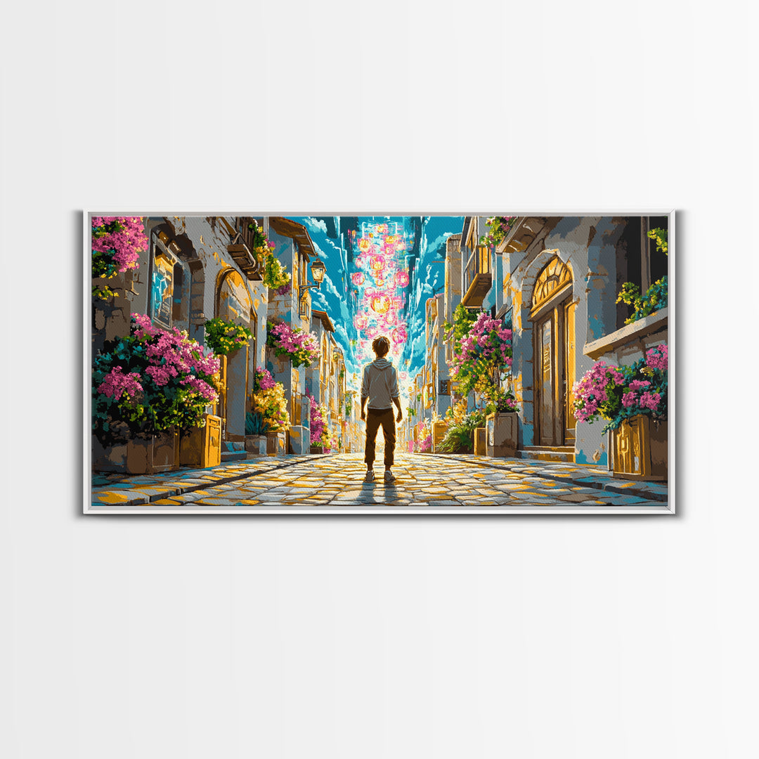 Vibrant Flowered Cobblestone Alley Wall Art, Fantasy Cityscape Canvas, Colorful Travel Poster, Living Room Wall Decor Print