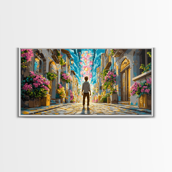 Vibrant Flowered Cobblestone Alley Wall Art, Fantasy Cityscape Canvas, Colorful Travel Poster, Living Room Wall Decor Print