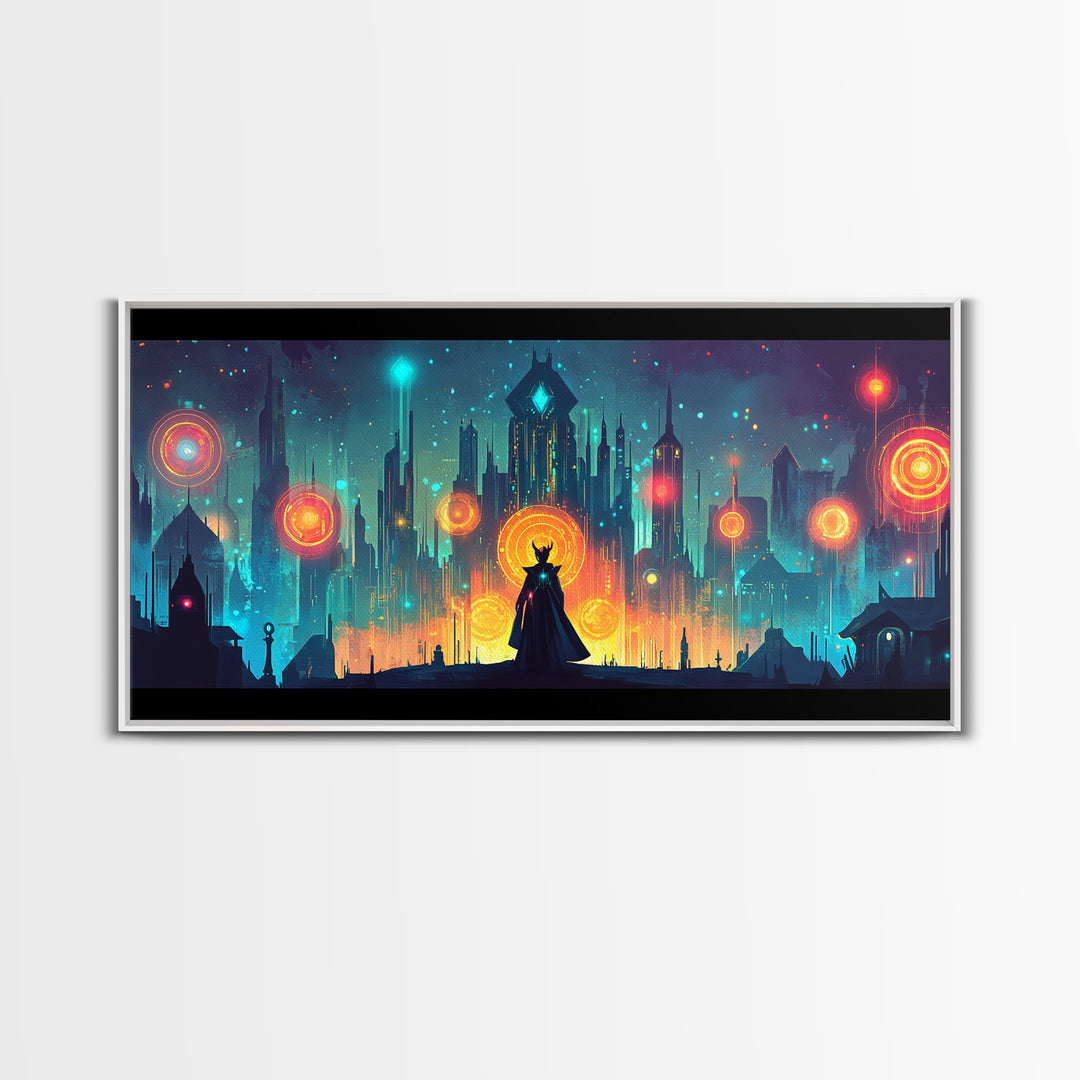 Cloaked Sorceress In Neon Skyline Wall Art, Cyberpunk Fantasy Canvas, Mystical Cityscape, Modern Sci Fi Gamer Room Decor Print