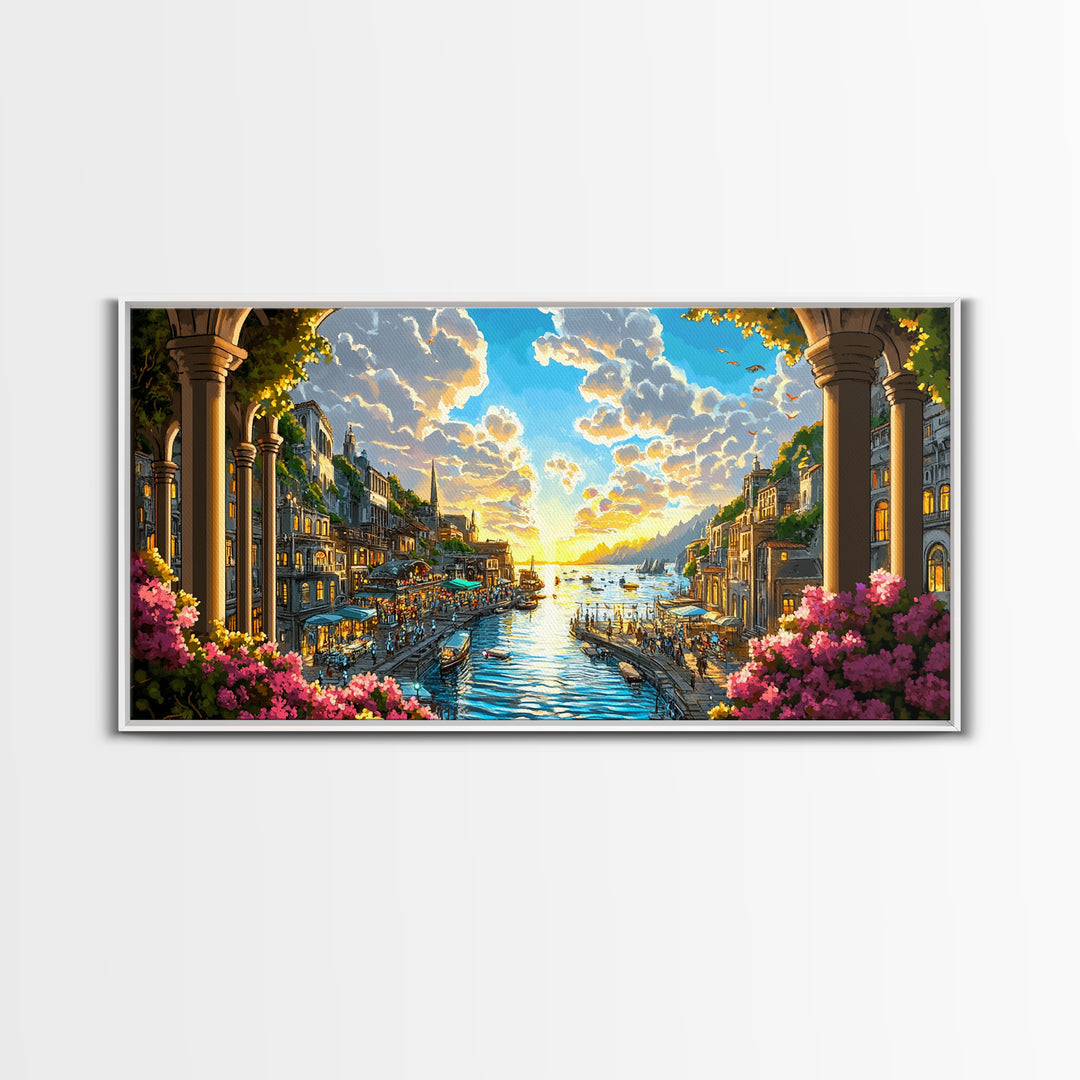 Sunlit Coastal Canal Harbor Wall Art, Mediterranean Cityscape Canvas, Seaside Landscape Print, Elegant Living Room Decor