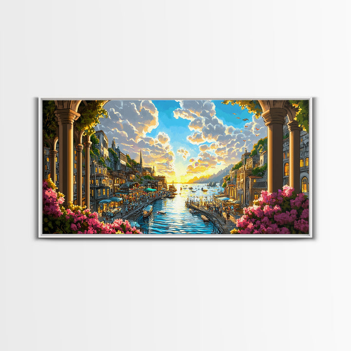 Sunlit Coastal Canal Harbor Wall Art, Mediterranean Cityscape Canvas, Seaside Landscape Print, Elegant Living Room Decor