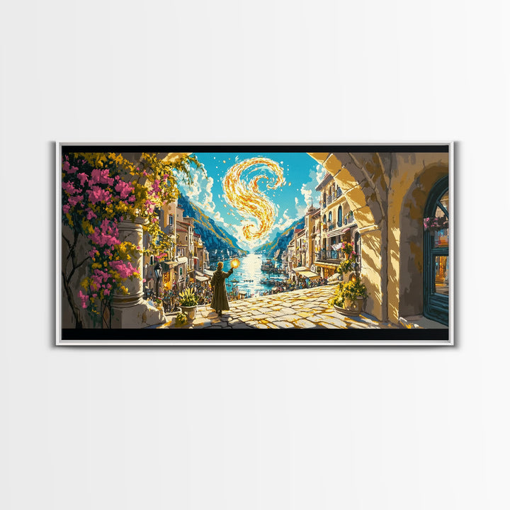 Golden Swirl Over Coastal Village Wall Art, Amalfi Inspired Canvas Print, Mediterranean Travel Poster, Magical Home Decor