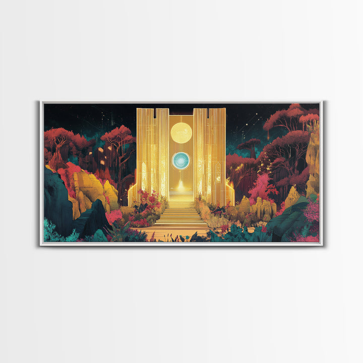 Golden Portal Temple In Alien Garden Wall Art, Celestial Fantasy Canvas Print, Mystical Landscape, Statement Art Home Decor