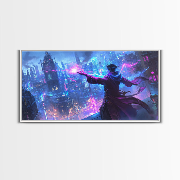 Mage Casting Neon Lightning Over City Wall Art, Cyberpunk Fantasy Canvas Print, Futuristic Skyline, Sci Fi Gamer Room Decor