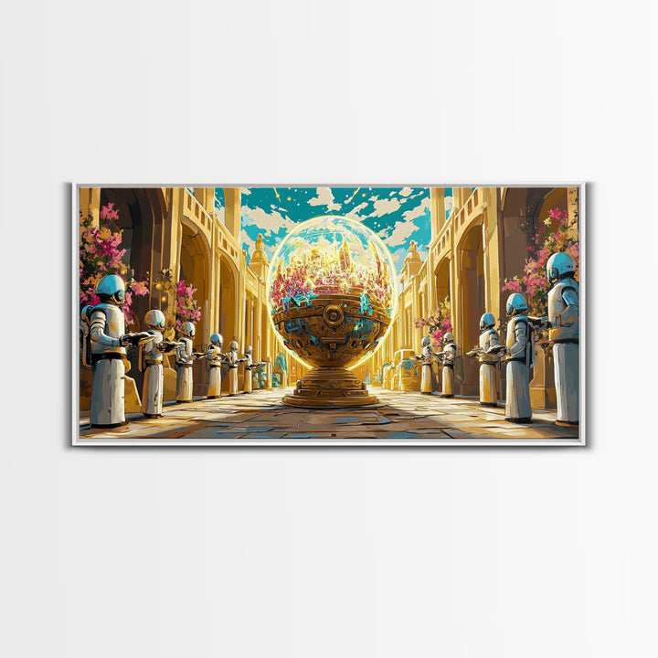 Golden Orb Palace With Futuristic Guards Wall Art, Sci Fi Fantasy Canvas Print, Maximalist Cityscape, Unique Art Home Decor