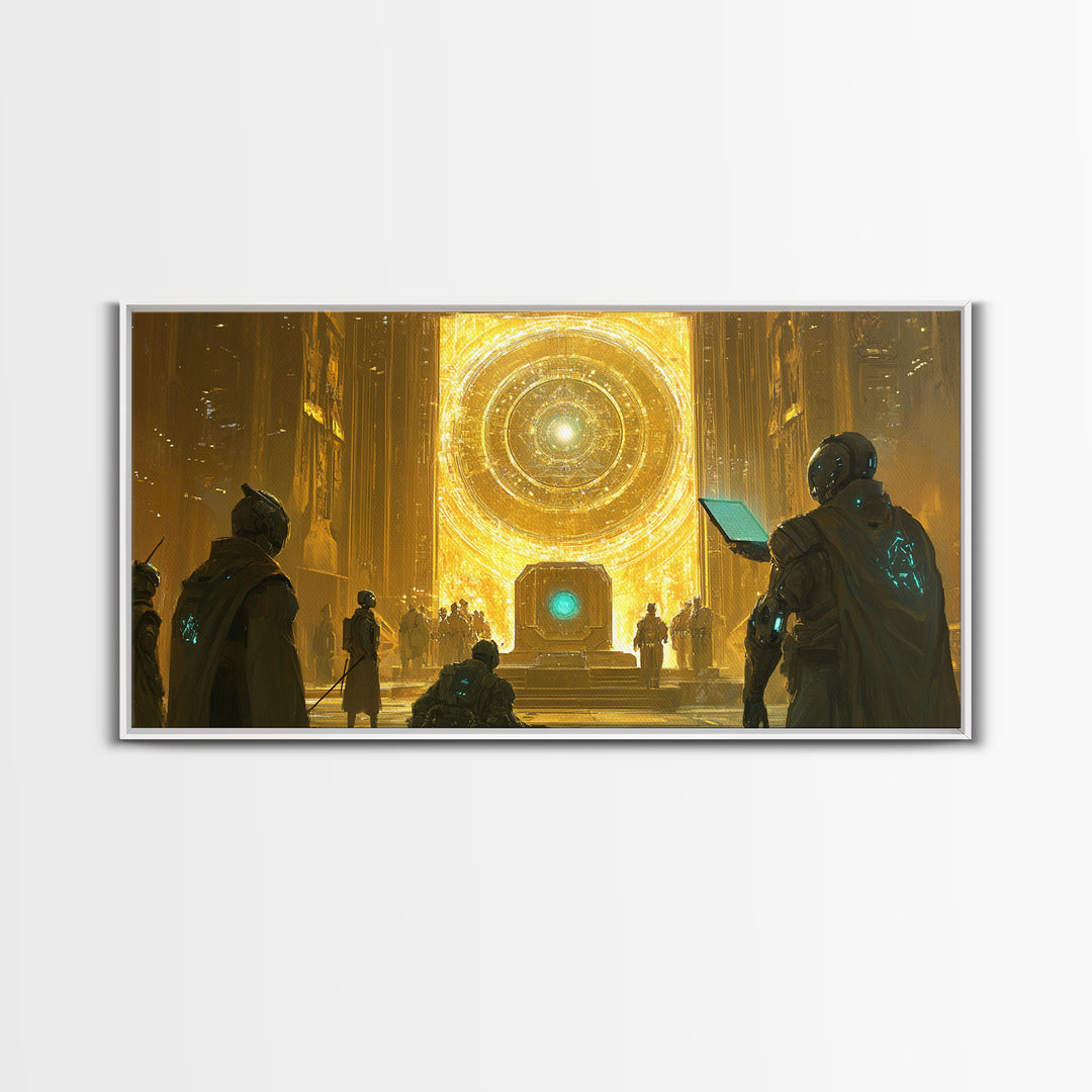 Radiant Cosmic Portal Hall With Astronauts Wall Art, Golden Sci Fi Canvas Print, Futuristic Temple, Celestial Statement Home Decor