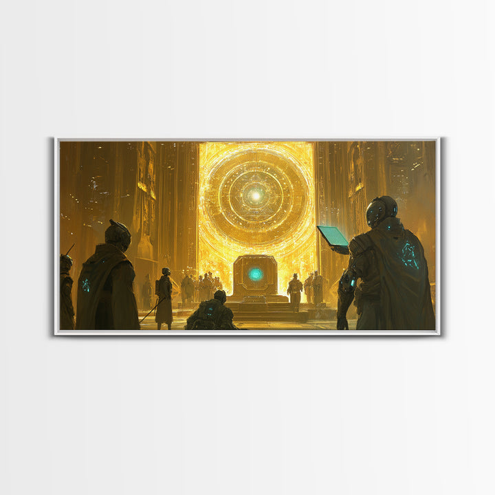 Radiant Cosmic Portal Hall With Astronauts Wall Art, Golden Sci Fi Canvas Print, Futuristic Temple, Celestial Statement Home Decor