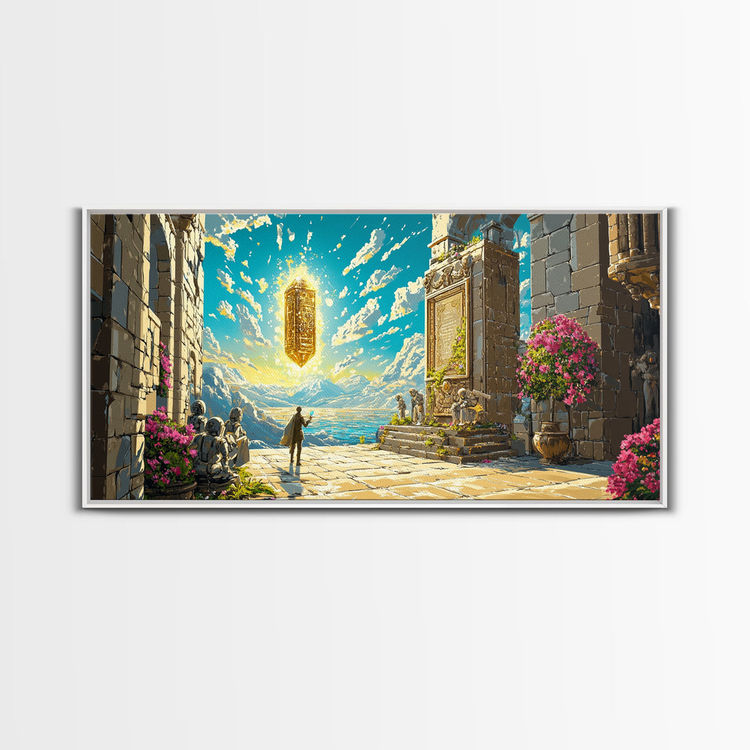 Ancient Seaside Temple Portal Framed Canvas Print, Fantasy Wall Art, Mountain Landscape Art, Living Room Decor, Unique Gift
