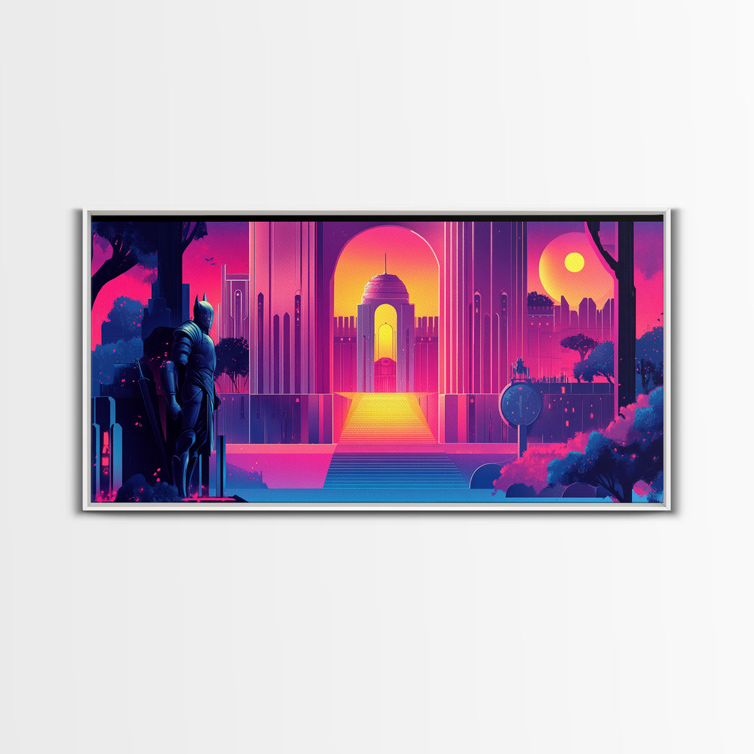 Neon Magenta Palace Guardian Canvas Print, Retro Futuristic Wall Art, Cyberpunk Decor, Gaming Room Art, Modern Gift For Him