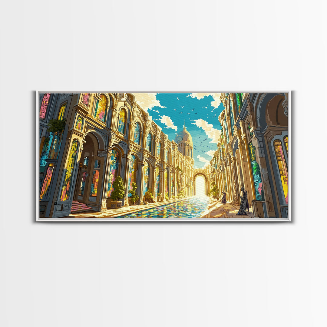 Ornate Sunlit Palace Canal Framed Canvas Print, European Wall Art, Fantasy Architecture Art, Living Room Decor, Large Wall Art