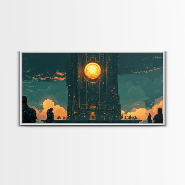 Dark Monolithic Sun Portal Framed Canvas Print, Sci Fi Wall Art, Futuristic Decor, Moody Office Art, Masculine Wall Decor