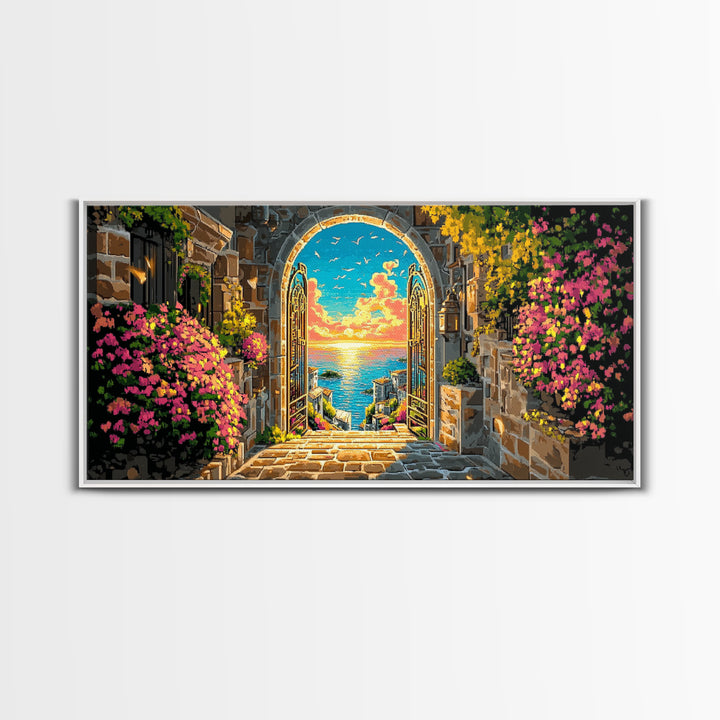 Mediterranean Stone Arch Ocean View Canvas Print, Coastal Wall Art, Seascape Art, Beach House Decor, Living Room Decor, Housewarming Gift