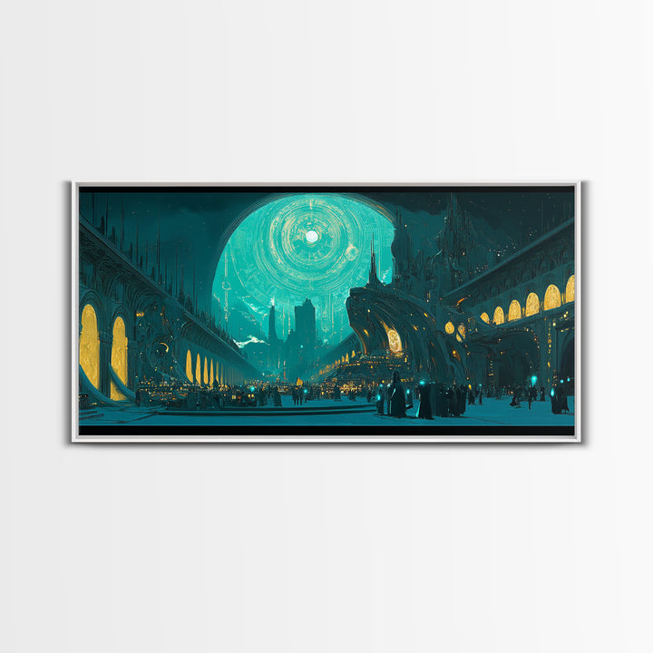 Teal Gothic Moonlit City Canvas Print, Sci Fi Wall Art, Celestial Decor, Futuristic Living Room Decor, Statement Artwork Gift