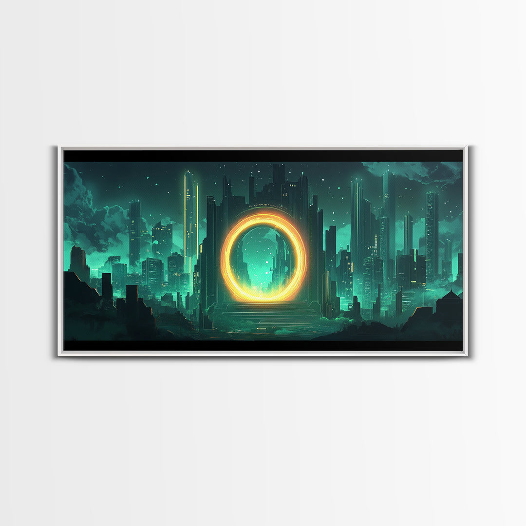 Emerald Futuristic City Ring Portal Canvas Print, Sci Fi Wall Art, Cyberpunk Decor, Modern Office Decor, Statement Gift For Him