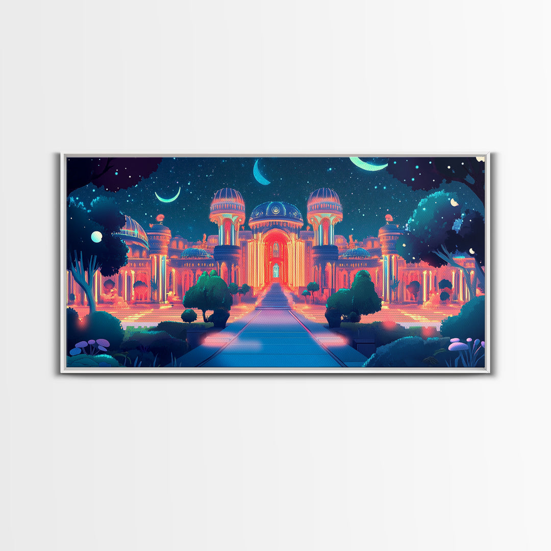 Neon Celestial Palace Under Crescent Moons Wall Art, Fantasy City Canvas Print, Maximalist Decor, Bedroom Wall Decor Gift