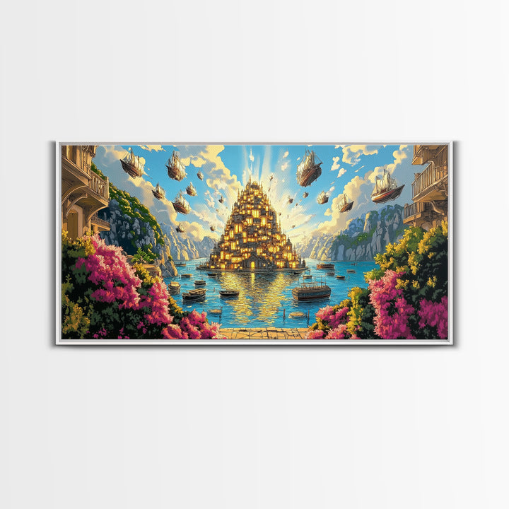 Golden Floating Island City Over Turquoise Sea Wall Art, Fantasy Landscape Canvas Print, Coastal Decor, Travel Poster Gift