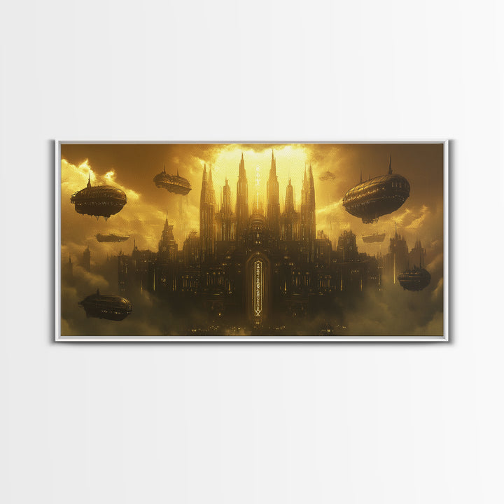 Dark Golden Sky Cathedral With Airships Wall Art, Gothic Fantasy Canvas Print, Moody Office Decor, Steampunk Home Decor Gift
