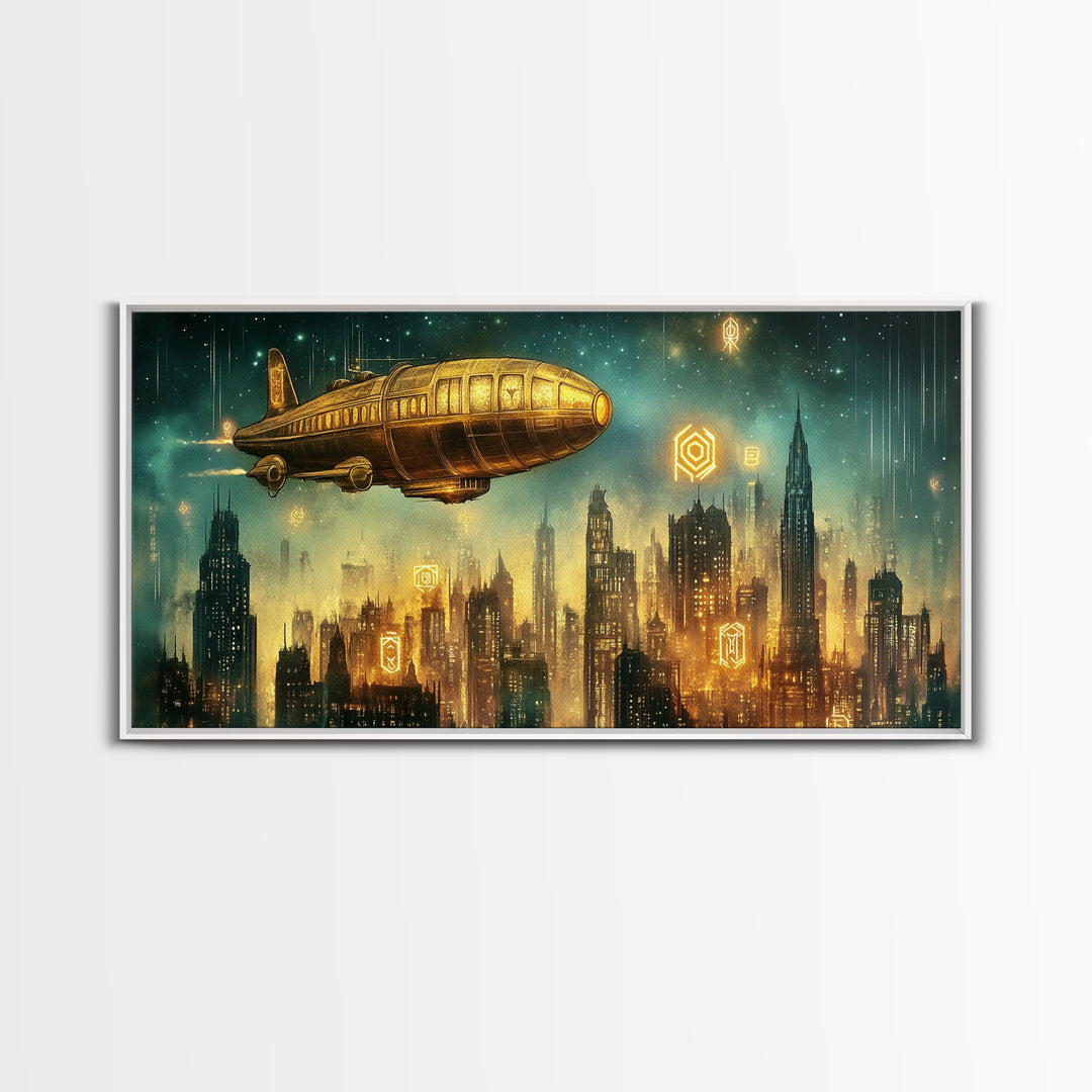 Golden Retro Airship Above Futuristic City Wall Art, Sci Fi Canvas Print, Cyberpunk Decor, Modern Office Wall Art Gift For Him