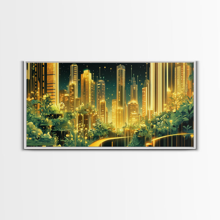 Luminous Garden Skyline In Golden Futuristic City Wall Art, Modern Canvas Print, Green Wall Decor, Home Office Decor Gift