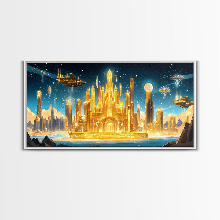 Radiant Golden Sci Fi Citadel Beneath Moonlit Sky Wall Art, Futuristic Canvas Print, Space Decor, Statement Wall Art Gift