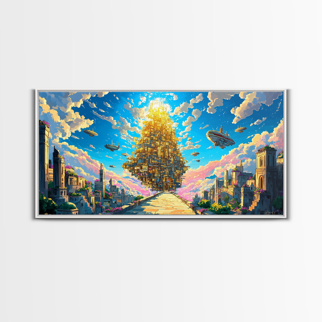 Floating Golden Pyramid City Above Ancient Ruins Wall Art, Fantasy Canvas Print, Surreal Landscape Art, Large Wall Decor