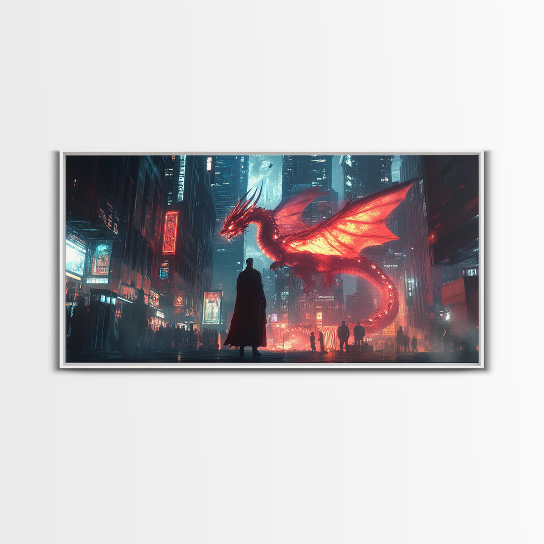 Neon Cyberpunk Dragon City Wall Art, Futuristic Sci Fi Fantasy Poster, Gaming Room Decor, Dystopian Urban Canvas Print Gift