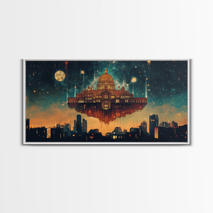 Floating Celestial Palace Wall Art, Starry Futuristic Cityscape, Surreal Architecture Framed Canvas Print, Office Decor Gift