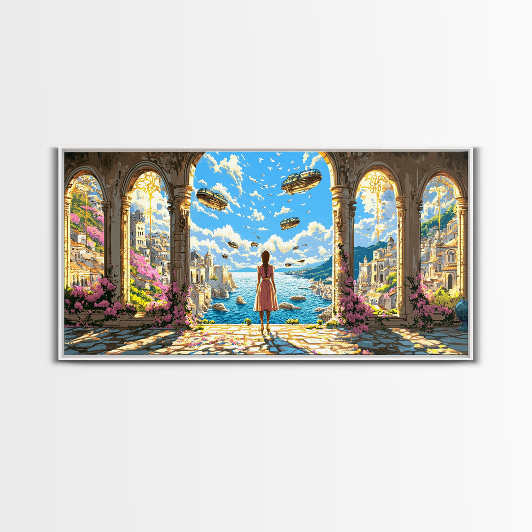 Arched Seaside Portal With Airships Framed Canvas Print, Fantasy Coastal Wall Art, Dreamy Travel Home Decor, Gift For Her