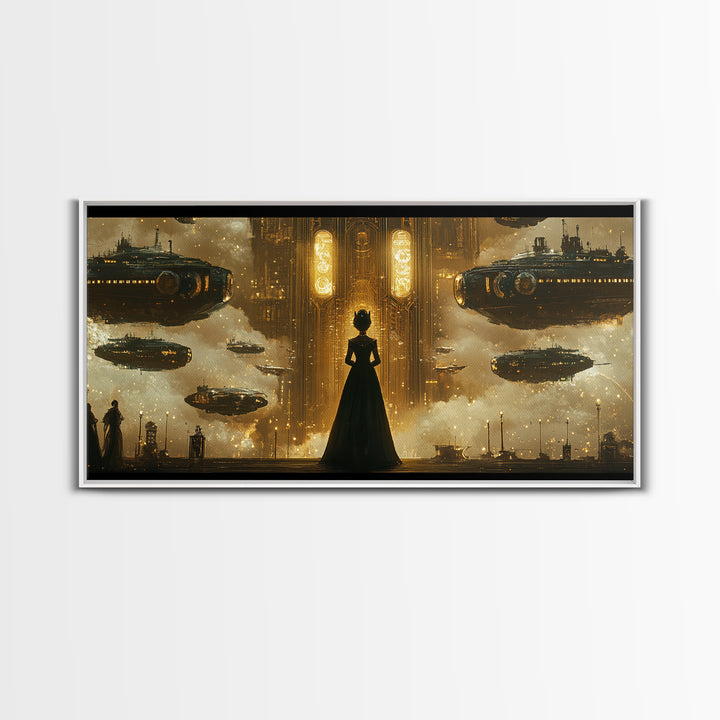 Elegant Woman And Golden Airships Wall Art, Steampunk Fantasy Framed Canvas Print, Dark Academia Decor, Sci Fi Gift For Him