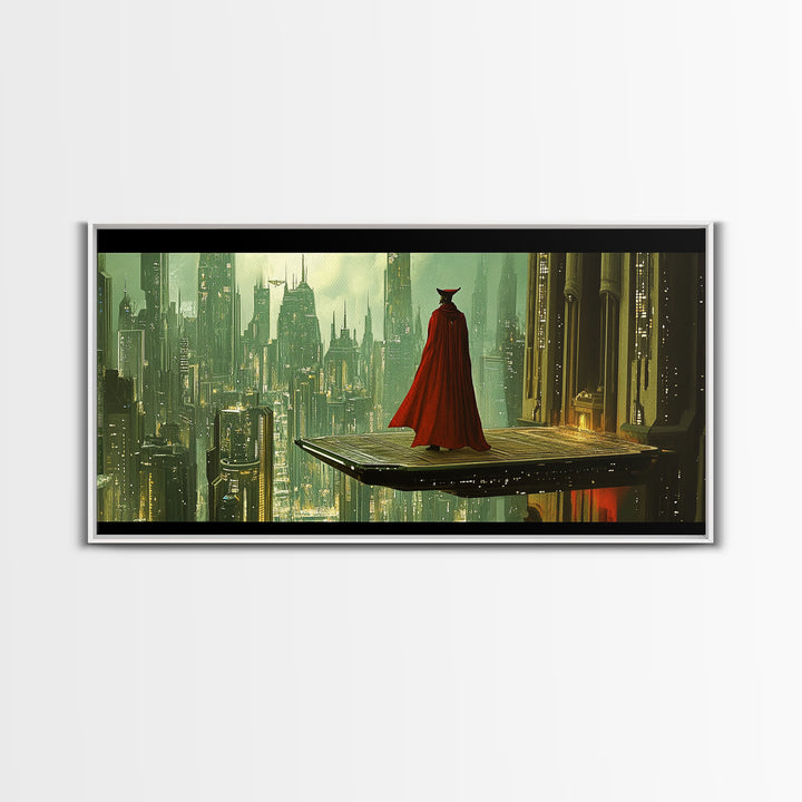 Red Cloaked Figure Above Futuristic City Wall Art, Sci Fi Fantasy Canvas Print, Dystopian Skyline, Modern Office Decor Gift