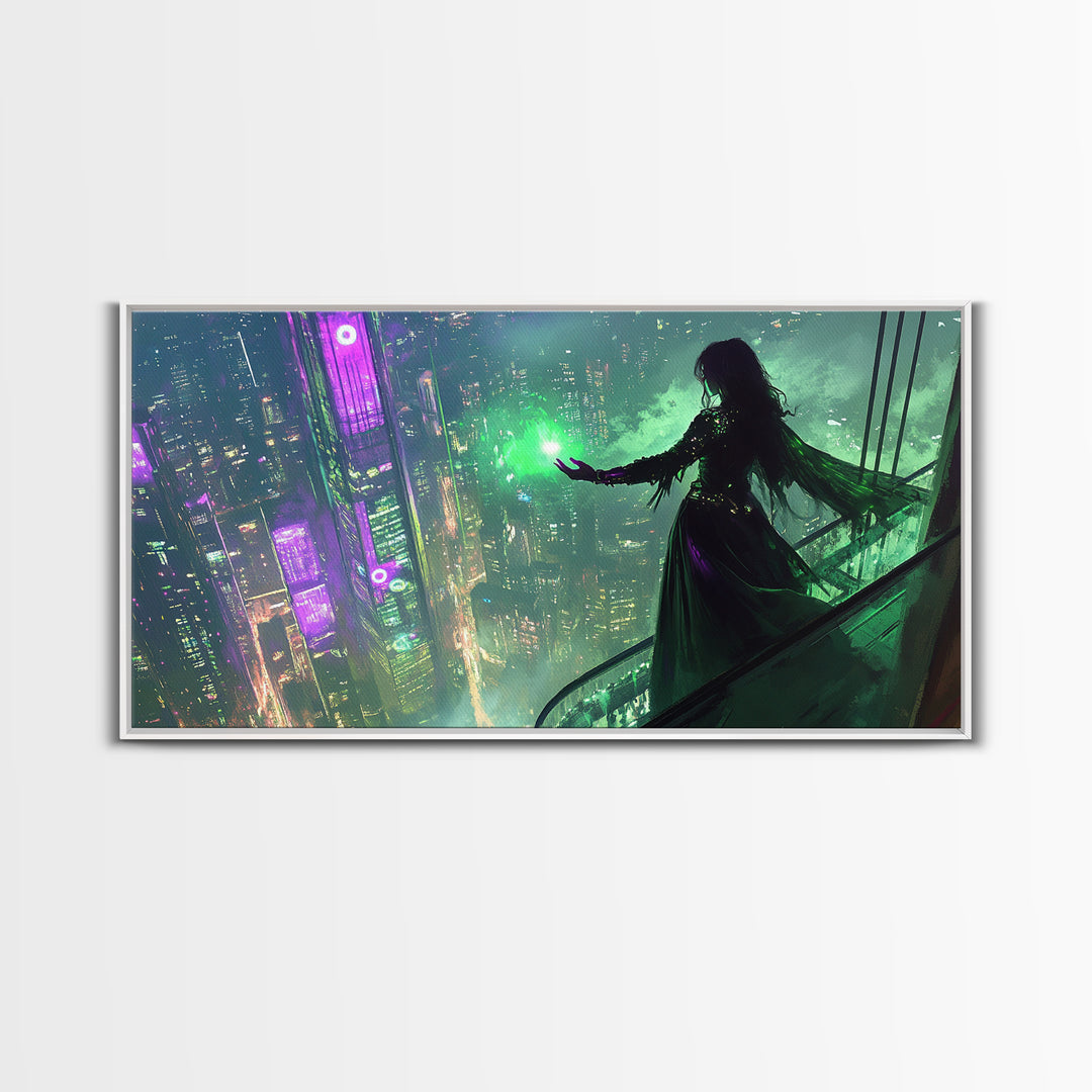 Neon Sorceress Over Cyberpunk Skyline Canvas Print, Futuristic Wall Art, Sci Fi Fantasy Decor, Unique Gaming Room Gift For Her