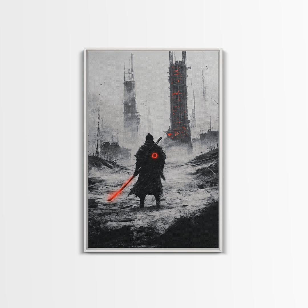 Dark Cyberpunk Warrior In Snowy Dystopian City Wall Art, Sci Fi Fantasy Poster, Futuristic Office Decor, Gamer Room Gift For Him